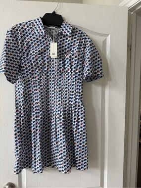 Tory Burch Blue, White and Pink Geometric Short Sleeve Mini Dress